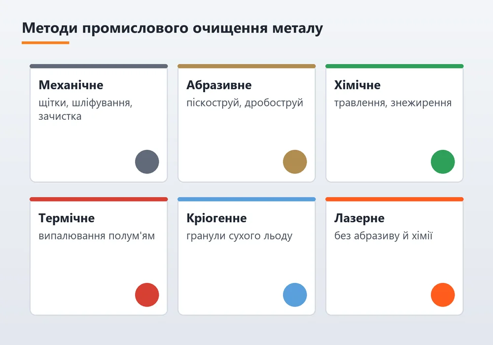Порівняння методів промислового очищення металу: механічне, абразивне, хімічне, термічне, кріогенне та лазерне