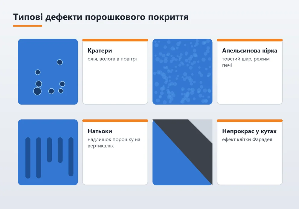 Типові дефекти порошкового покриття: кратери, апельсинова кірка, натьоки, непрокрас у кутах